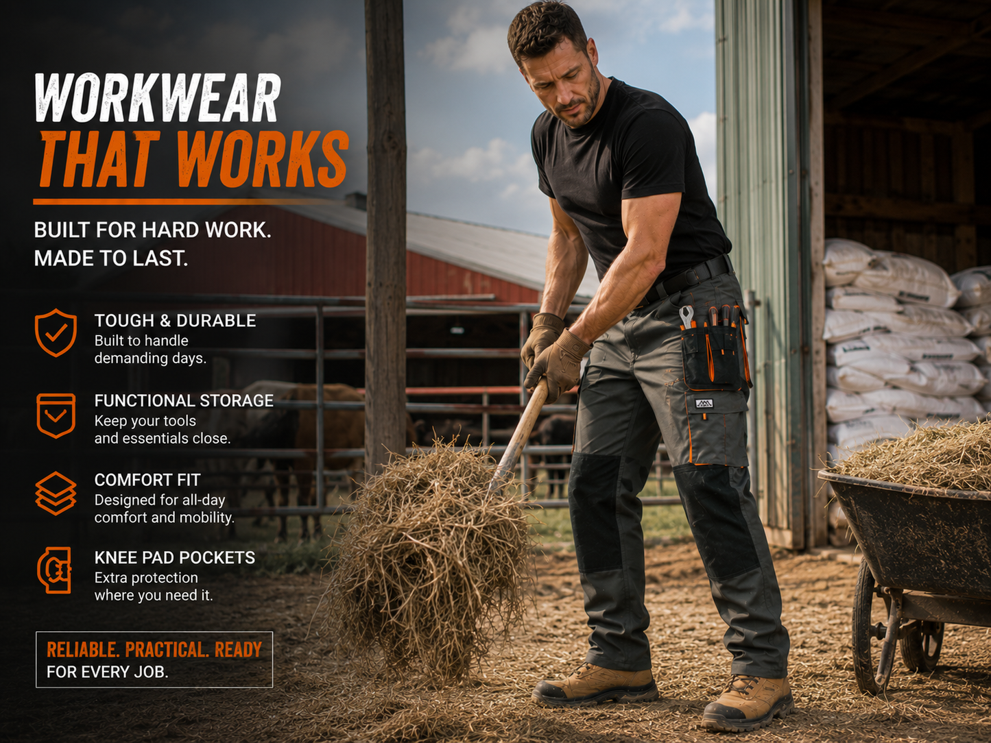 Men's Work Pants Cargo Multiply Pockets, knee pockets Straight Leg Outdoor Pants Black with Orange Accents