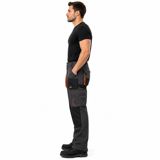 Men's Work Pants Cargo Multiply Pockets, knee pockets Straight Leg Outdoor Pants Black with Orange Accents