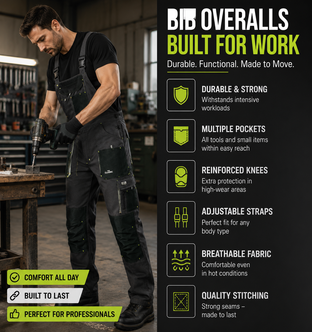 Work bib overall for men CLASSIC-GREY-B adjustable straps durable workwear