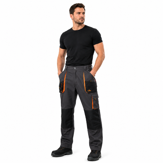 Men's Work Pants Cargo Multiply Pockets, knee pockets Straight Leg Outdoor Pants Black with Orange Accents