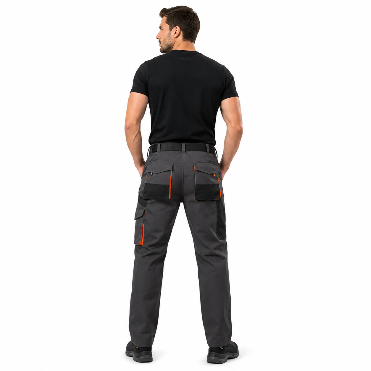 Men's Work Pants Cargo Multiply Pockets, knee pockets Straight Leg Outdoor Pants Black with Orange Accents
